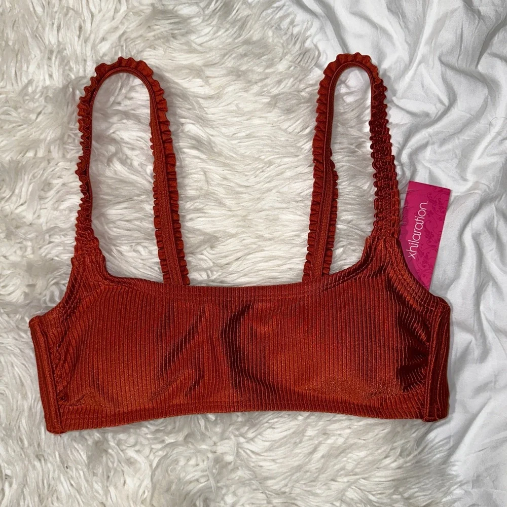 Xhilaration | NWT Ribbed Ruffle Strap Bikini Top Dark Red Burnt Orange S